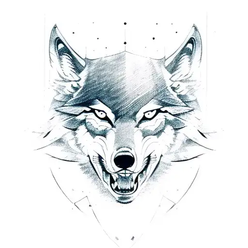 A sketch-style wolf head wearing a Viking helmet tattoo design idea