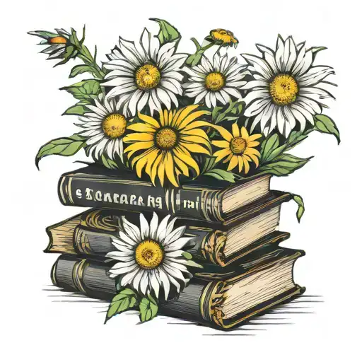 shasta daisies and black eyed Susan flower blooming out of a stack of open books tattoo design idea