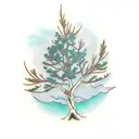 tree, juniper branch, mountain laurel tattoo design idea