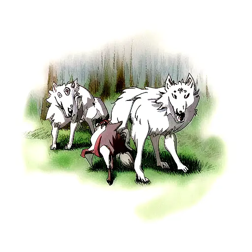 Princess Mononoke with her wolfs left and right and the mother wolf on the background behind mononoke inside a forest tattoo design idea