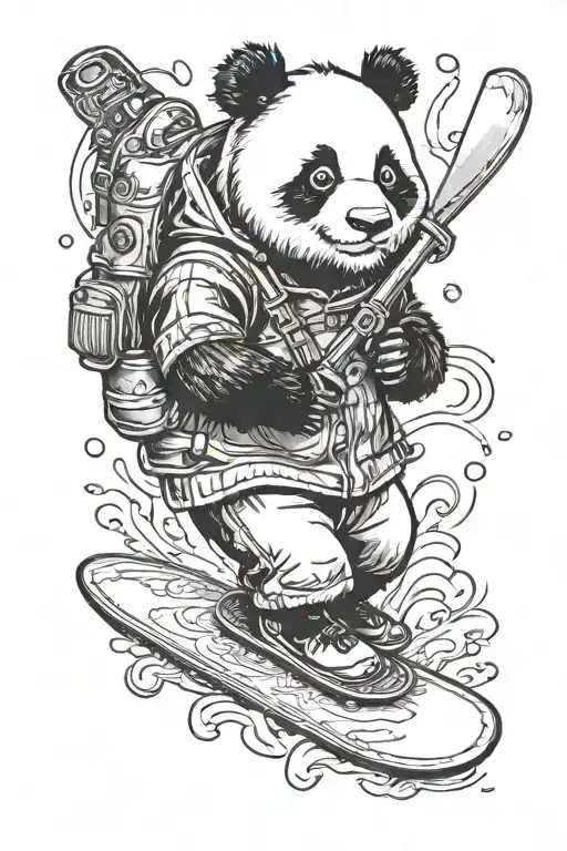 panda snowboarding with knife and frying pan tattoo design idea