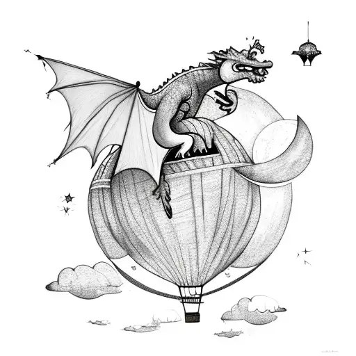 Dragon sleeping on a hot air balloon with moon and stars tattoo design idea