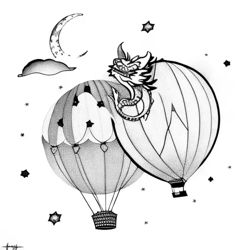 Dragon sleeping on a hot air balloon with moon and stars tattoo design idea