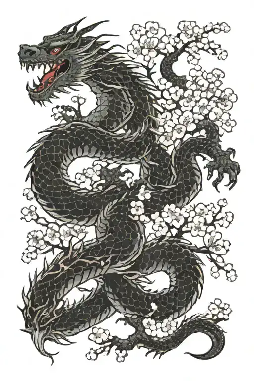 Japanese black dragon surrounded by cherry blossom trees tattoo design idea