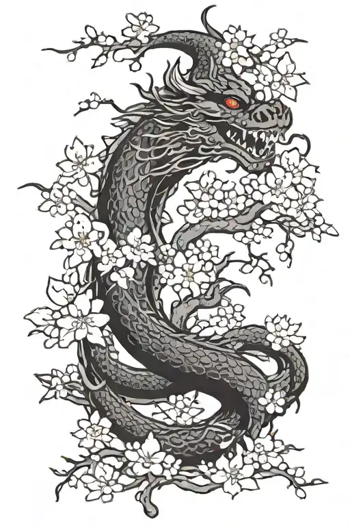 Japanese black dragon surrounded by cherry blossom trees tattoo design idea