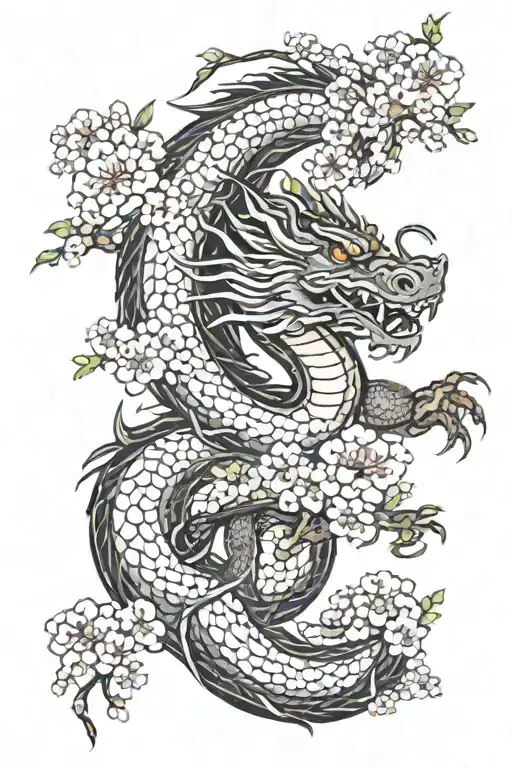 Japanese black dragon surrounded by cherry blossom trees tattoo design idea