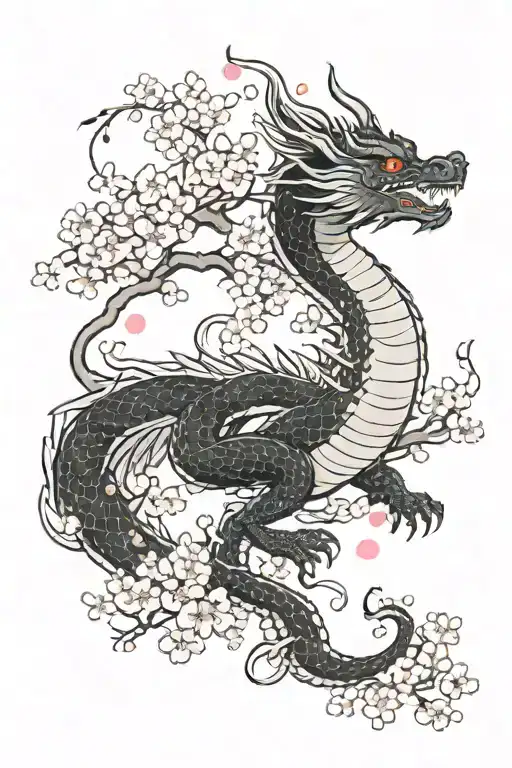 Japanese black dragon surrounded by cherry blossom trees tattoo design idea