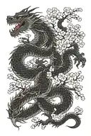 Japanese black dragon surrounded by cherry blossom trees tattoo design idea