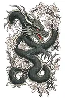 Japanese black dragon surrounded by cherry blossom trees tattoo design idea