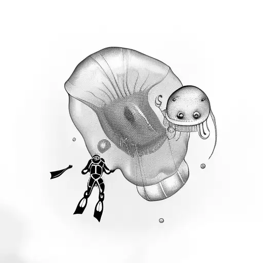 Two minimalist scuba divers above a large jellyfish. tattoo design idea