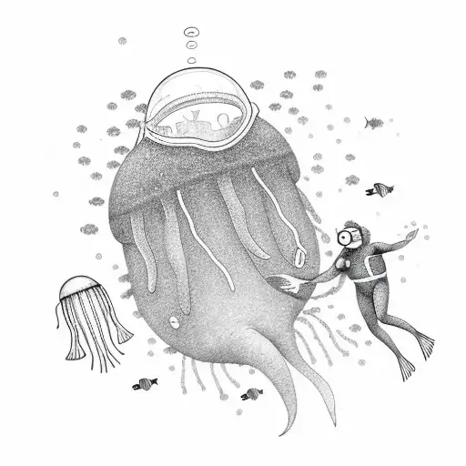 Two minimalist scuba divers above a large jellyfish. tattoo design idea