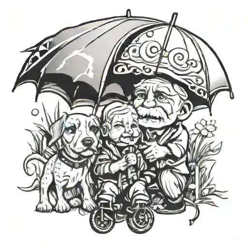 granddad, little girl, umbrella over grehound tattoo design idea