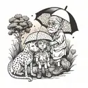 granddad, little girl, umbrella over grehound tattoo design idea