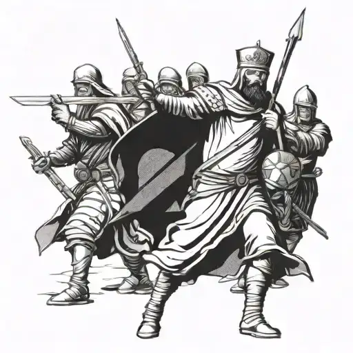  Design an image of Baldwin, the Crusader King of Jerusalem, with a sword in his hand and his soldiers in front of him. tattoo design idea