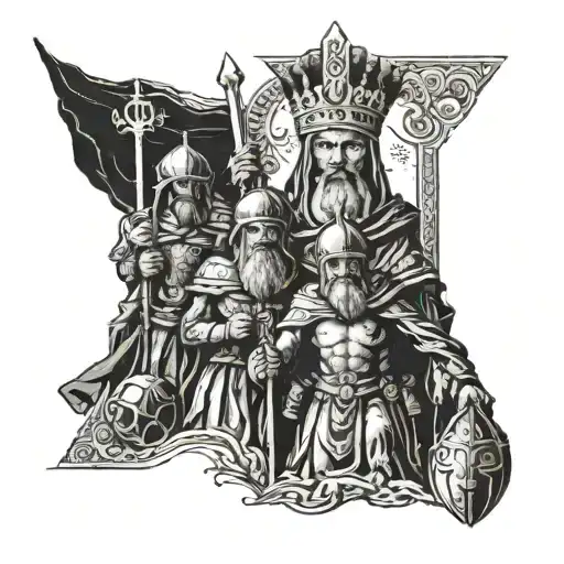 An ancient king of Jerusalem and his soldiers pledging allegiance in front of him tattoo design idea