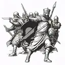  Design an image of Baldwin, the Crusader King of Jerusalem, with a sword in his hand and his soldiers in front of him. tattoo design idea