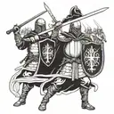  Design an image of Baldwin, the Crusader King of Jerusalem, with a sword in his hand and his soldiers in front of him. tattoo design idea