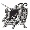  Design an image of Baldwin, the Crusader King of Jerusalem, with a sword in his hand and his soldiers in front of him. tattoo design idea