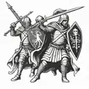  Design an image of Baldwin, the Crusader King of Jerusalem, with a sword in his hand and his soldiers in front of him. tattoo design idea