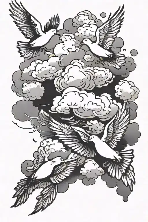clouds with doves flying tattoo design idea