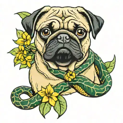 PUg WITh a COBRa SNAKe below and some Green LEAFs and YELLOw FLOWERs tattoo design idea