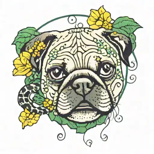 a PUg FACe WITh dices hanged and a COBRa SNAKe FACe below. the COBRa SNAKe is important. green LEAFs & YELLOw FLOWERs.  tattoo design idea