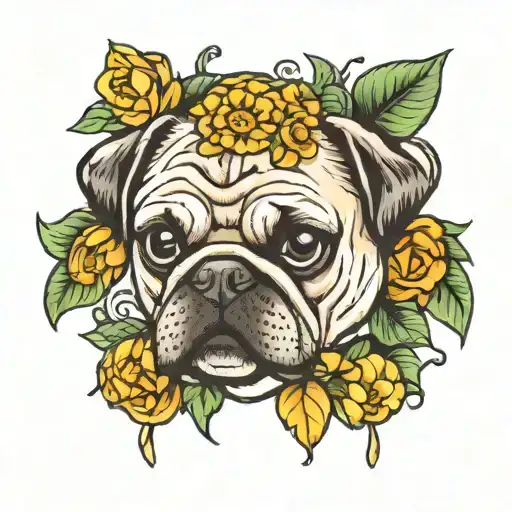 a PUg FACe WITh dices hanged and a COBRa SNAKe FACe below. Also add some green LEAFs and YELLOw FLOWERs.  tattoo design idea