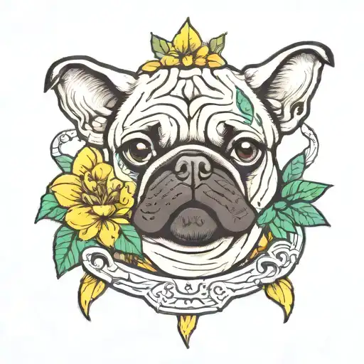 a PUg FACe WITh dices hanged and a COBRa SNAKe FACe below. the COBRa SNAKe is important. green LEAFs & YELLOw FLOWERs.  tattoo design idea
