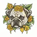 a PUg FACe WITh dices hanged and a COBRa SNAKe FACe below. Also add some green LEAFs and YELLOw FLOWERs.  tattoo design idea