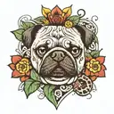 a PUg FACe WITh dices hanged and a COBRa SNAKe FACe below. Also add some green LEAFs and YELLOw FLOWERs.  tattoo design idea