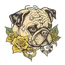 a PUg FACe WITh dices hanged and a COBRa SNAKe FACe below. Also add some green LEAFs and YELLOw FLOWERs.  tattoo design idea
