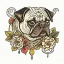 a PUg FACe WITh dices hanged and a COBRa SNAKe FACe below. Also add some green LEAFs and YELLOw FLOWERs.  tattoo design idea