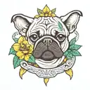 a PUg FACe WITh dices hanged and a COBRa SNAKe FACe below. the COBRa SNAKe is important. green LEAFs & YELLOw FLOWERs.  tattoo design idea