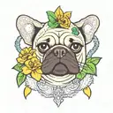 a PUg FACe WITh dices hanged and a COBRa SNAKe FACe below. the COBRa SNAKe is important. green LEAFs & YELLOw FLOWERs.  tattoo design idea