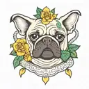 a PUg FACe WITh dices hanged and a COBRa SNAKe FACe below. the COBRa SNAKe is important. green LEAFs & YELLOw FLOWERs.  tattoo design idea