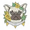 a PUg FACe WITh dices hanged and a COBRa SNAKe FACe below. the COBRa SNAKe is important. green LEAFs & YELLOw FLOWERs.  tattoo design idea