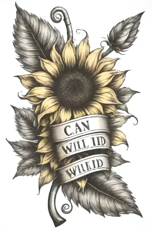 A sunflower tattoo with a traditional-style banner wrapped around the stem, displaying the words 'I can, I will, I did' tattoo design idea