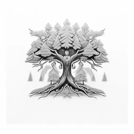 An intricate black and grey design featuring a cross formed by intertwining branches of a mystical tree, with a wolf resting beneath it. tattoo design idea
