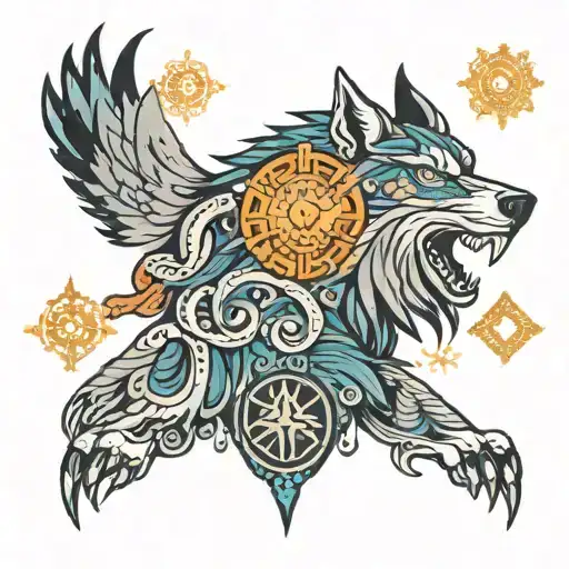 Giant wolf head surrounded kazakh ornaments on the top eagle with the sun  tattoo design idea