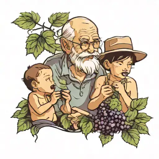grandpa and grandson eating grapes from bush tattoo design idea