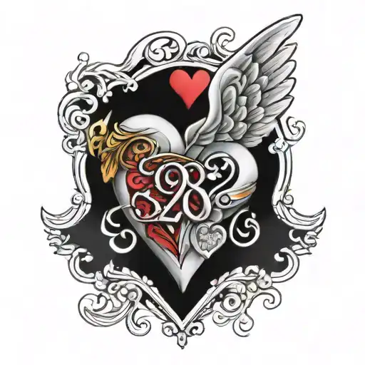 Angel wings holding a heart with 08-04-2024 in Romen numerals underneath  tattoo design idea