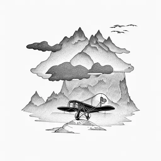 A vintage biplane flying over a mountain range tattoo design idea