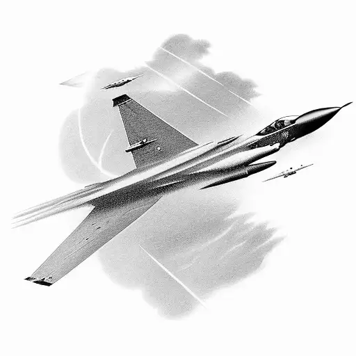 A sleek fighter jet breaking the sound barrier tattoo design idea