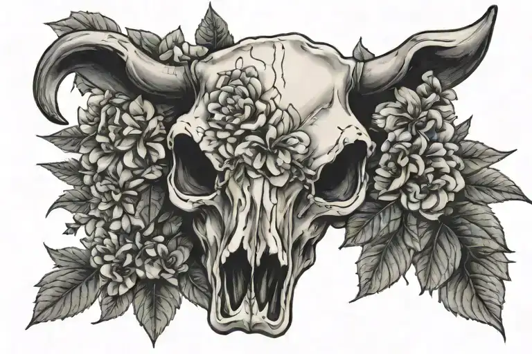 cow skull with hydrangeas and other flowers tattoo design idea