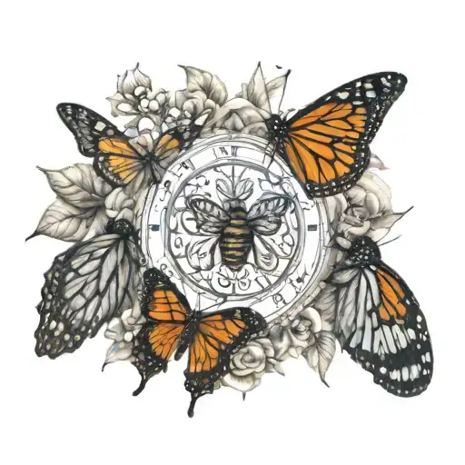 A beautiful and intricate design depicting the circle of life, with elements of birth, growth, decay, and rebirth, incorporating the monarch butterfly, honey bee, and lady bug in a realistic style tattoo design idea