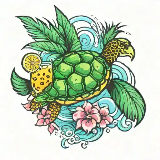 sea turtle and flamingo float and pineapple drink tattoo design idea