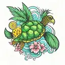 sea turtle and flamingo float and pineapple drink tattoo design idea