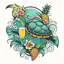 sea turtle and flamingo float and pineapple drink tattoo design idea