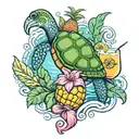 sea turtle and flamingo float and pineapple drink tattoo design idea
