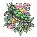 sea turtle and flamingo float and pineapple drink tattoo design idea